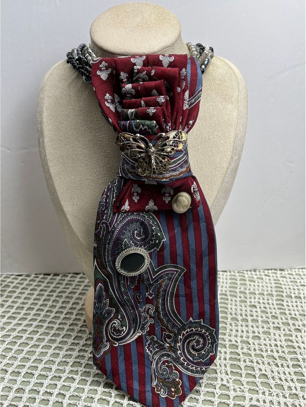 #538 Neck Tie Necklace Paisley Stripe Multi Colored Rustic Boho